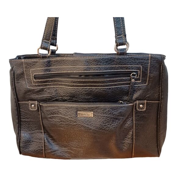 MultiSac Large Black Faux Leather Career Shoulder Tote w/ Laptop Zip Sleeve - Picture 1 of 14